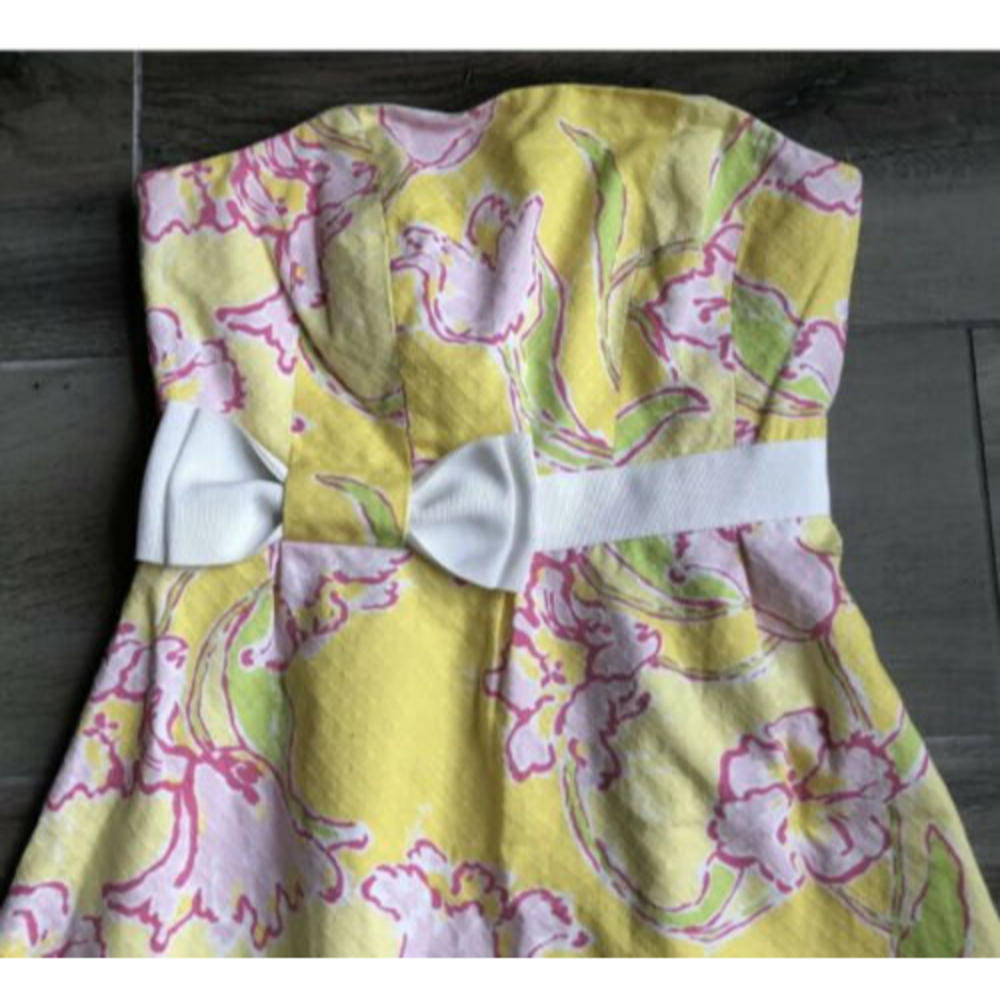Lilly Pulitzer Yellow Starfruit Bow Dress Amberly Pink Strapless - Picture 5 of 5